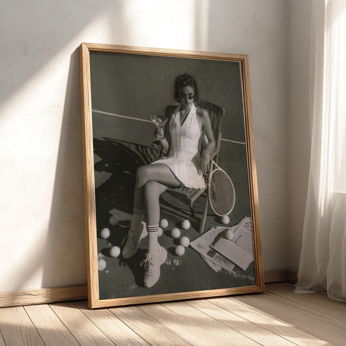Tennis Court Martini Poster | Black and White Photography Print | Vintage Sports Lifestyle Wall Art | Retro Luxury Summer Decor