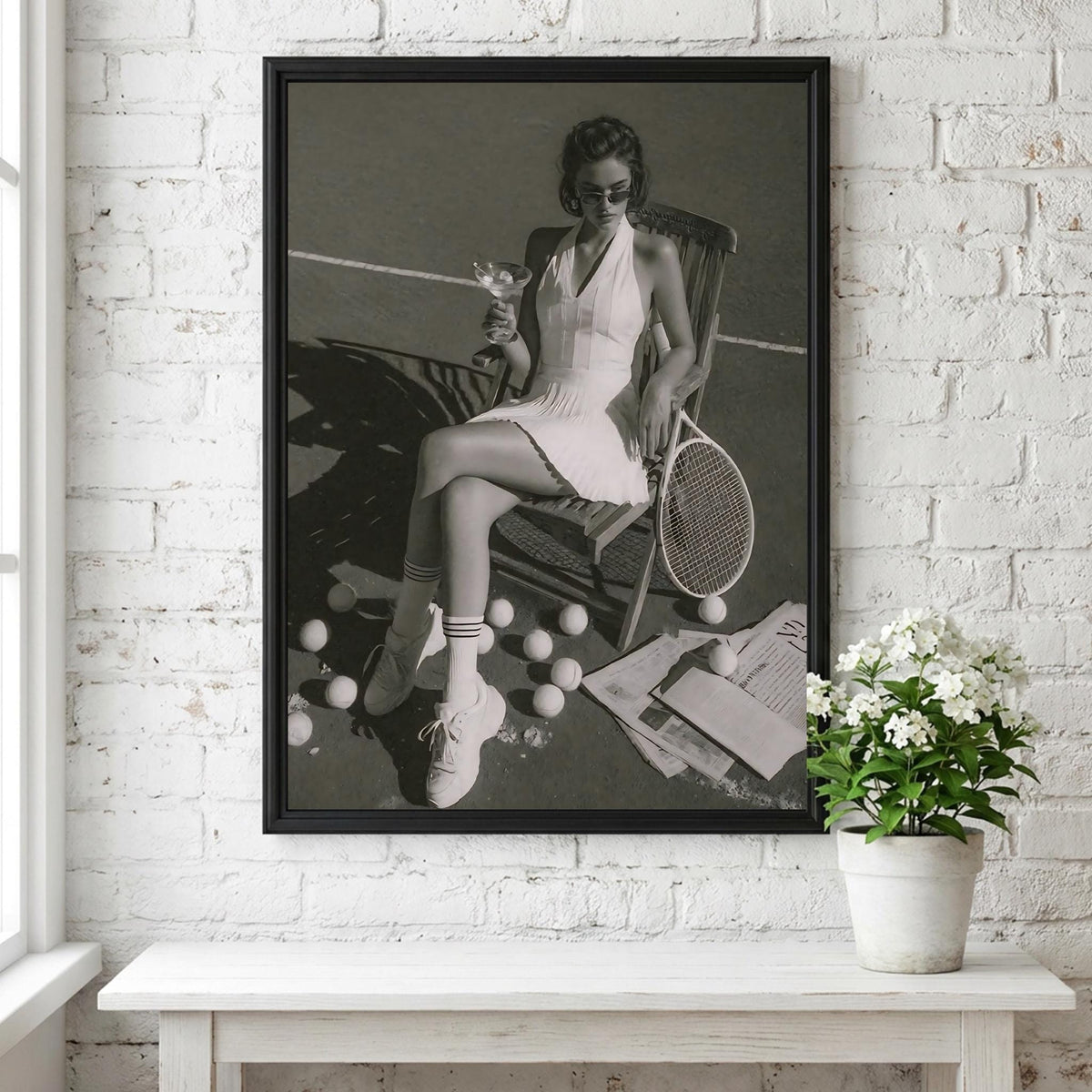 Tennis Court Martini Poster | Black and White Photography Print | Vintage Sports Lifestyle Wall Art | Retro Luxury Summer Decor