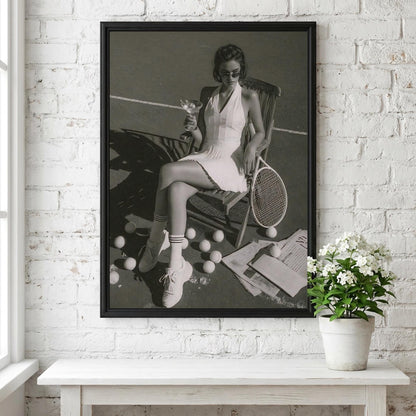 Tennis Court Martini Poster | Black and White Photography Print | Vintage Sports Lifestyle Wall Art | Retro Luxury Summer Decor