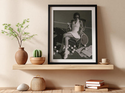 Tennis Court Martini Poster | Black and White Photography Print | Vintage Sports Lifestyle Wall Art | Retro Luxury Summer Decor