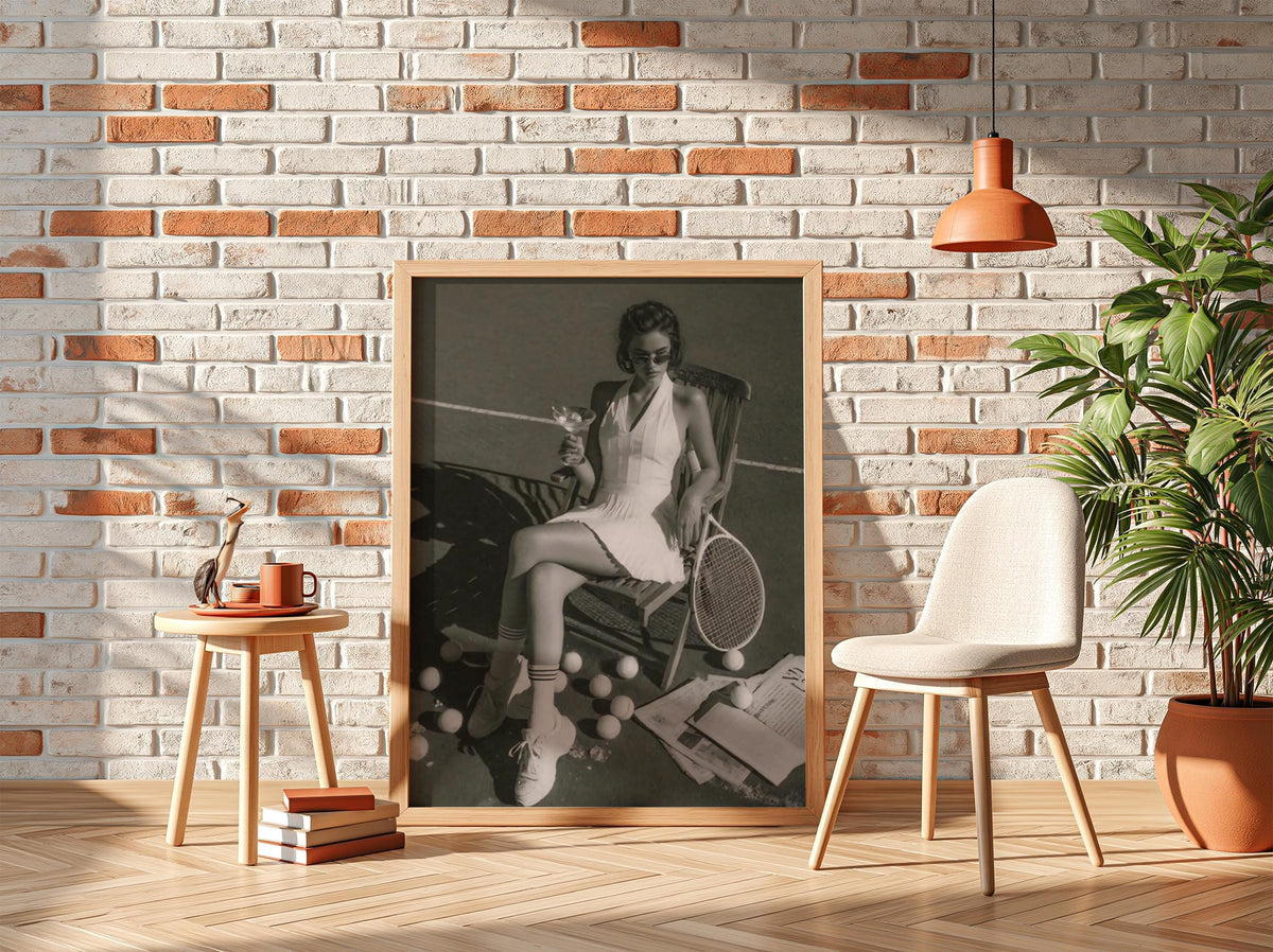 Tennis Court Martini Poster | Black and White Photography Print | Vintage Sports Lifestyle Wall Art | Retro Luxury Summer Decor