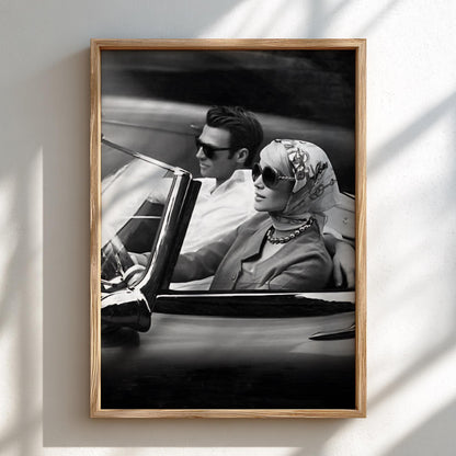 Vintage Couple Convertible Drive Poster | Black and White Photography Print | Retro Romance Wall Art | Classic Road Trip Decor