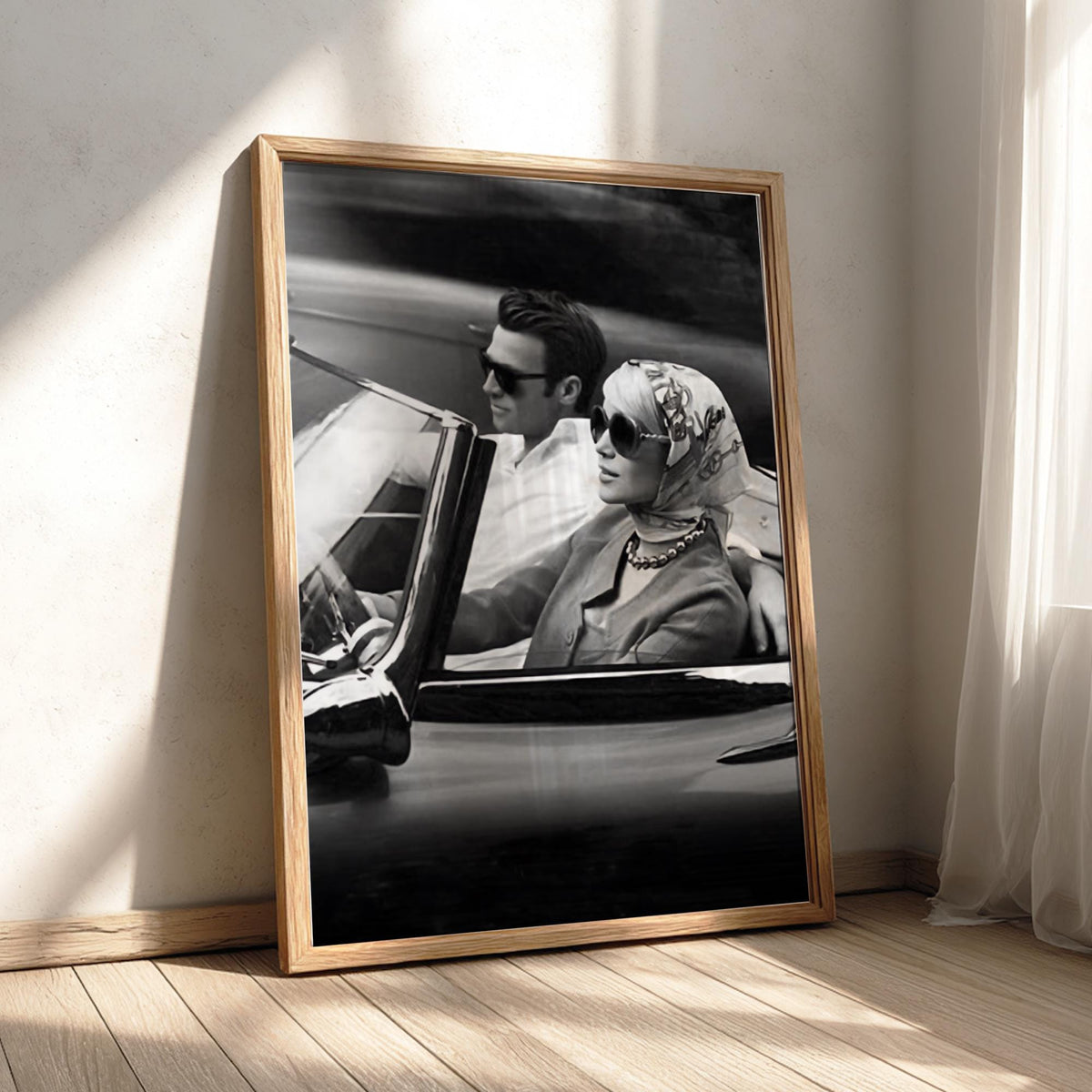 Vintage Couple Convertible Drive Poster | Black and White Photography Print | Retro Romance Wall Art | Classic Road Trip Decor