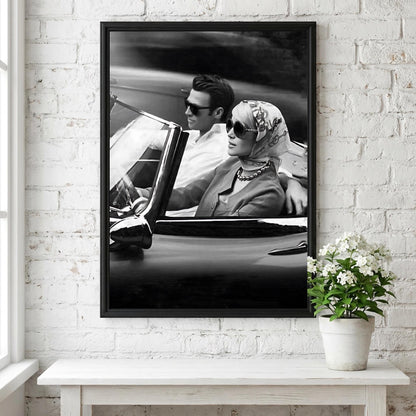 Vintage Couple Convertible Drive Poster | Black and White Photography Print | Retro Romance Wall Art | Classic Road Trip Decor