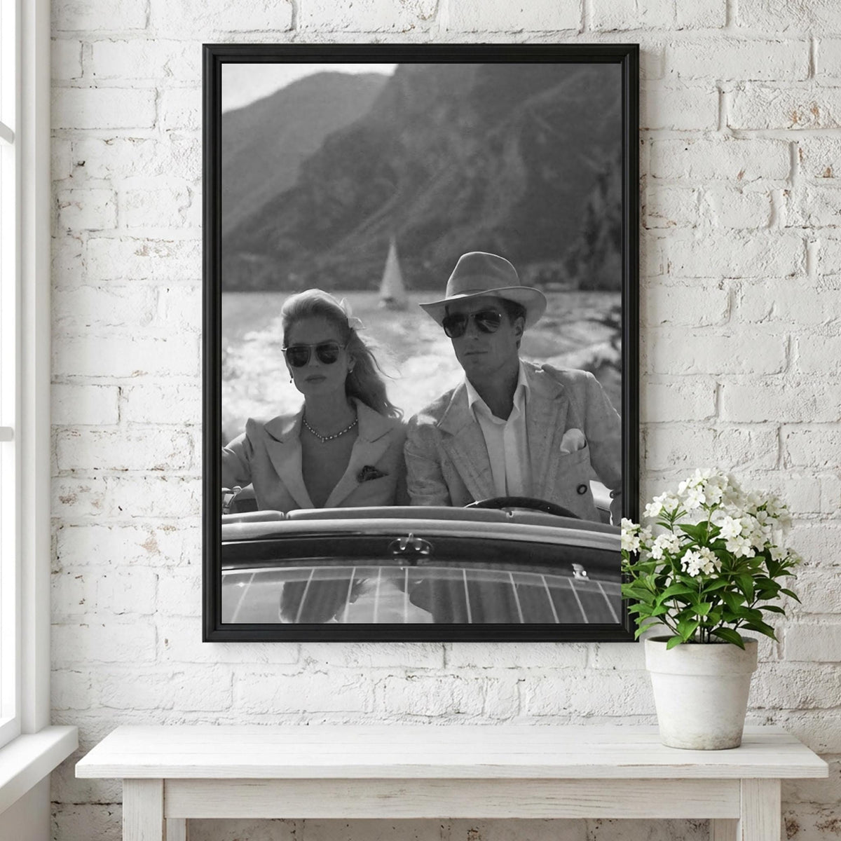 Vintage Speedboat Couple Lake Poster | Black and White Photography Print | Retro Coastal Wall Art | Classic Summer Lifestyle Decor