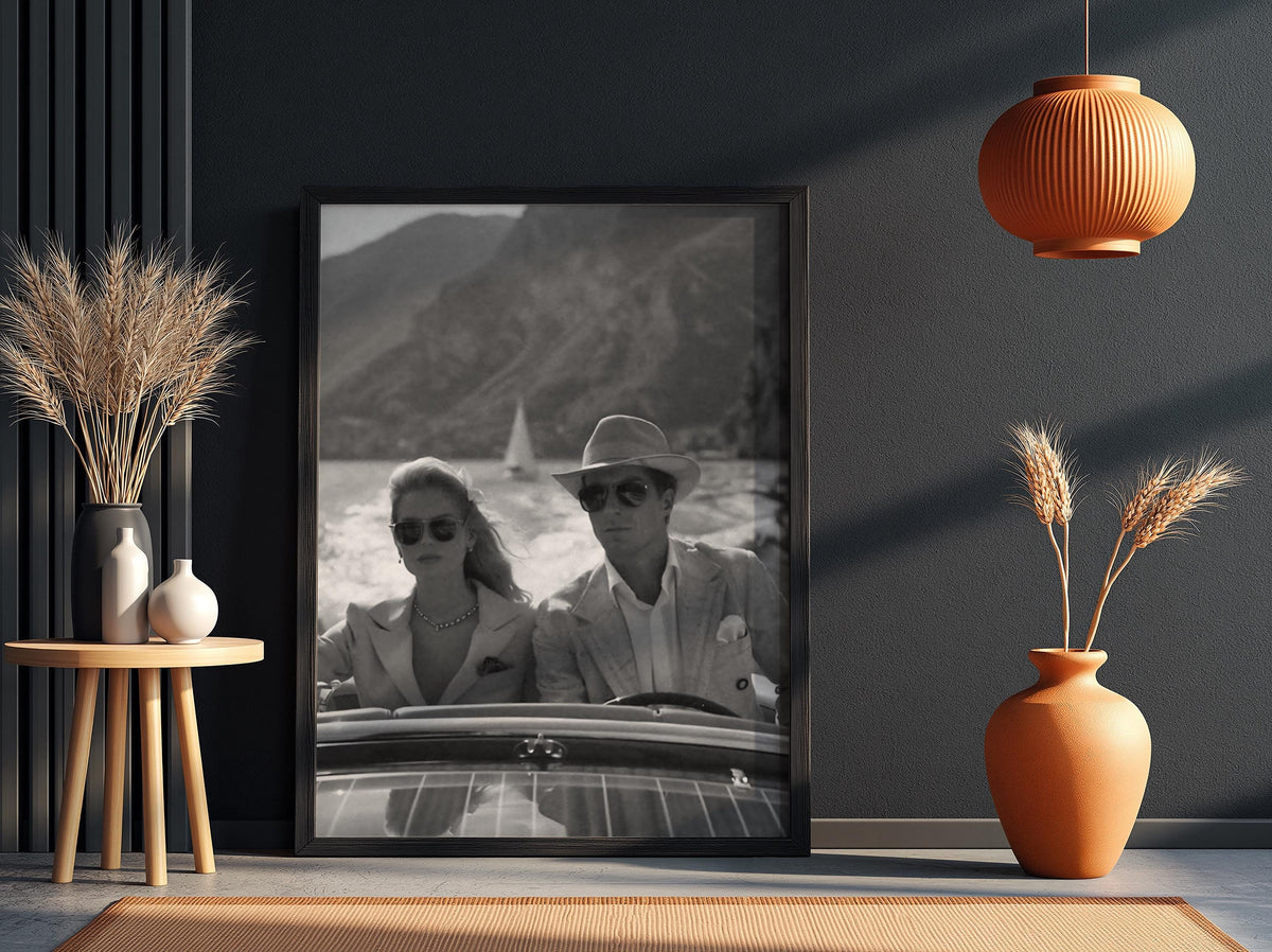 Vintage Speedboat Couple Lake Poster | Black and White Photography Print | Retro Coastal Wall Art | Classic Summer Lifestyle Decor
