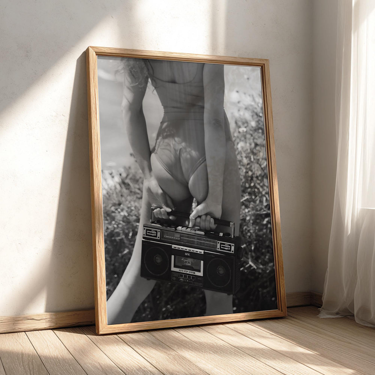 Woman Red Swimsuit Boombox Poster | Black and White Photography Print | Vintage Summer Wall Art | Retro Beach Lifestyle Decor
