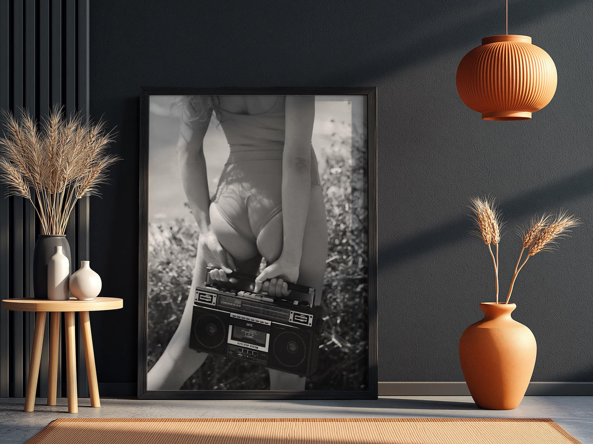 Woman Red Swimsuit Boombox Poster | Black and White Photography Print | Vintage Summer Wall Art | Retro Beach Lifestyle Decor
