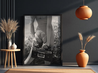 Woman Red Swimsuit Boombox Poster | Black and White Photography Print | Vintage Summer Wall Art | Retro Beach Lifestyle Decor