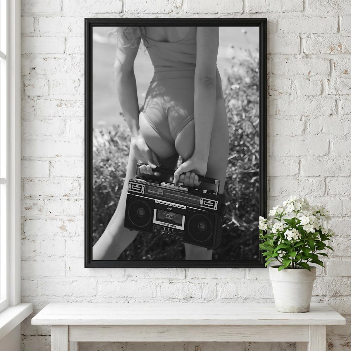 Woman Red Swimsuit Boombox Poster | Black and White Photography Print | Vintage Summer Wall Art | Retro Beach Lifestyle Decor