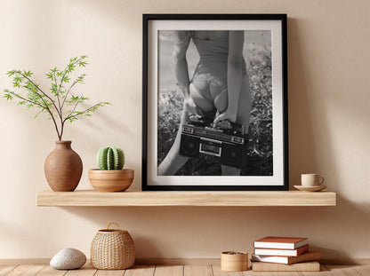Woman Red Swimsuit Boombox Poster | Black and White Photography Print | Vintage Summer Wall Art | Retro Beach Lifestyle Decor