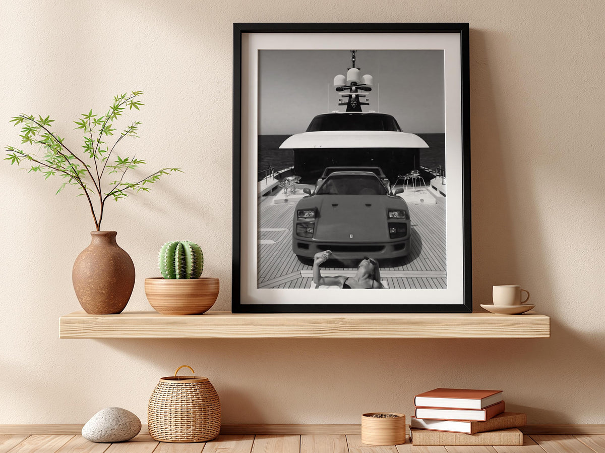 Woman Smoking By Red Sports Car Poster | Black and White Photography Print | Vintage Automotive Wall Art | Retro Lifestyle Decor