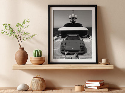 Woman Smoking By Red Sports Car Poster | Black and White Photography Print | Vintage Automotive Wall Art | Retro Lifestyle Decor