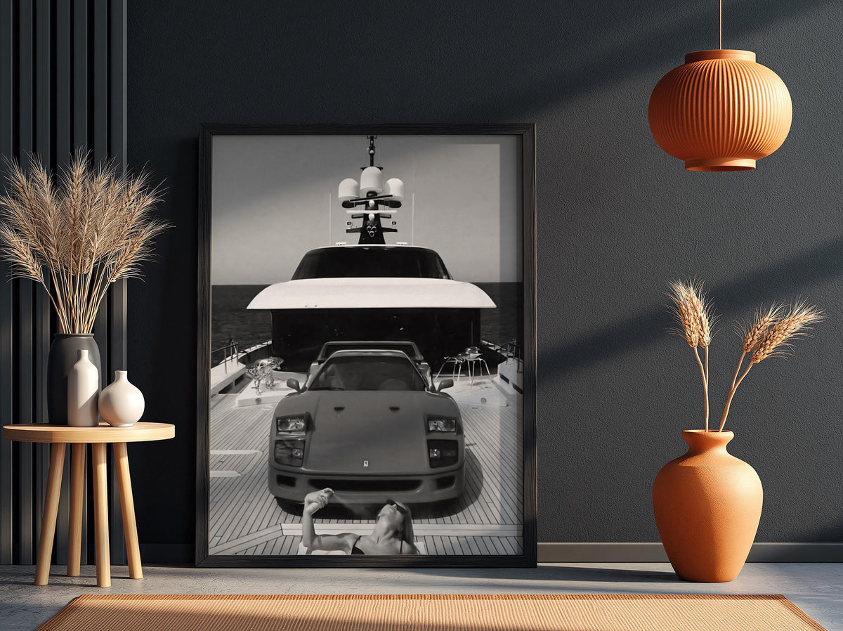 Woman Smoking By Red Sports Car Poster | Black and White Photography Print | Vintage Automotive Wall Art | Retro Lifestyle Decor