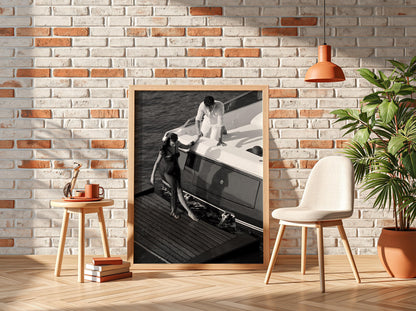 Yacht Couple Helping Hand Poster | Black and White Photography Print | Vintage Coastal Wall Art | Retro Luxury Lifestyle Decor