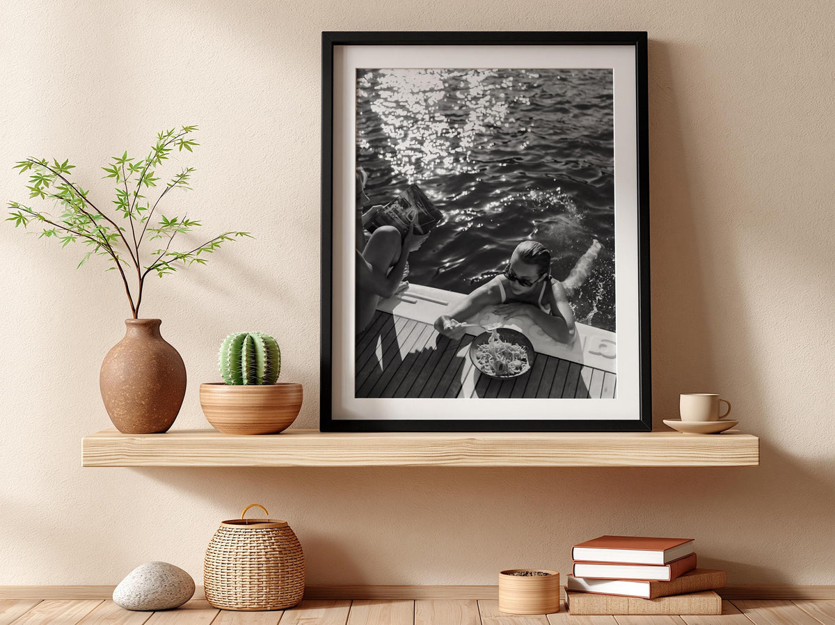Yacht Deck Spaghetti Lunch Poster | Black and White Photography Print | Vintage Coastal Wall Art | Retro Luxury Lifestyle Decor