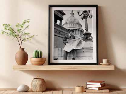 Young Politician Capitol Steps Poster | Black and White Photography Print | Vintage History Wall Art | Retro Documentary Decor
