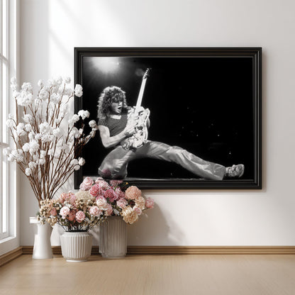 Rock Guitarist Stage Kick Poster | Black and White Photography Print | Vintage Music Wall Art | Retro Concert Photography Decor