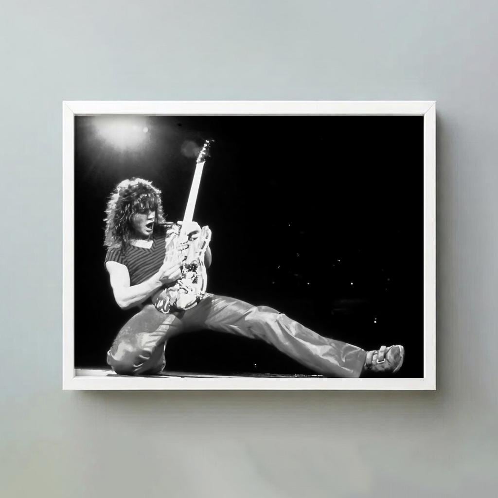 Rock Guitarist Stage Kick Poster | Black and White Photography Print | Vintage Music Wall Art | Retro Concert Photography Decor