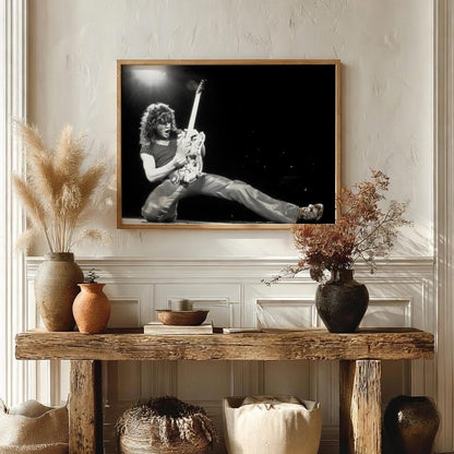Rock Guitarist Stage Kick Poster | Black and White Photography Print | Vintage Music Wall Art | Retro Concert Photography Decor
