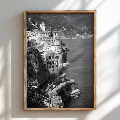 Amalfi Coast Cliffside Village Poster | Black and White Photography Print | Vintage Italy Wall Art | Retro Coastal Travel Decor