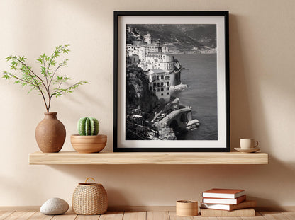 Amalfi Coast Cliffside Village Poster | Black and White Photography Print | Vintage Italy Wall Art | Retro Coastal Travel Decor