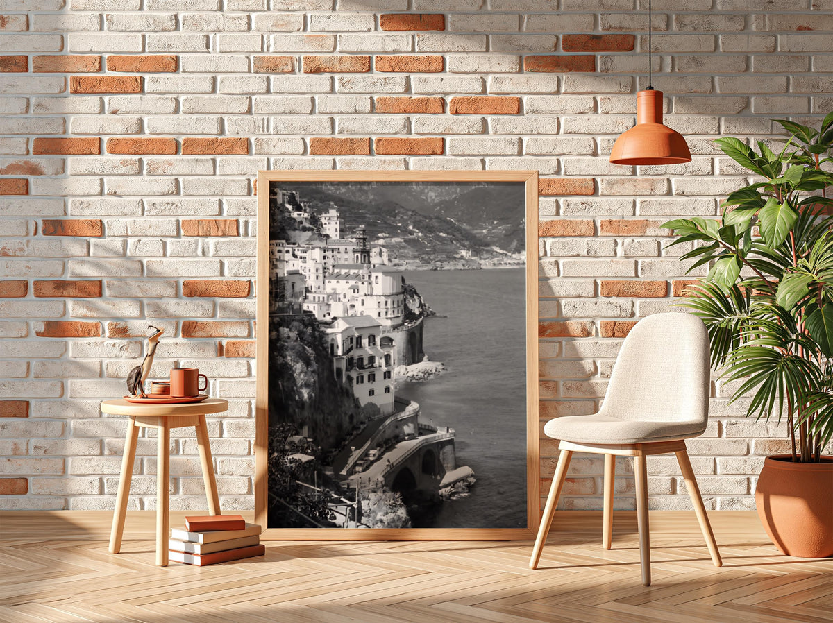 Amalfi Coast Cliffside Village Poster | Black and White Photography Print | Vintage Italy Wall Art | Retro Coastal Travel Decor