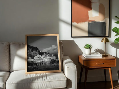 Amalfi Coast Village Poster | Black and White Photography Print | Vintage Italy Wall Art | Retro Coastal Travel Decor