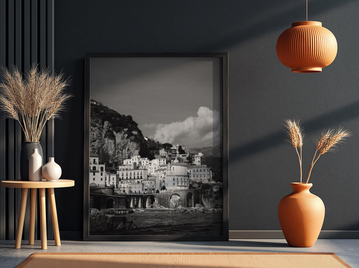 Amalfi Coast Village Poster | Black and White Photography Print | Vintage Italy Wall Art | Retro Coastal Travel Decor