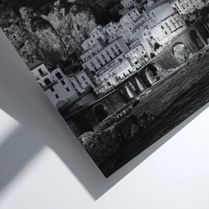 Amalfi Coast Village Poster | Black and White Photography Print | Vintage Italy Wall Art | Retro Coastal Travel Decor
