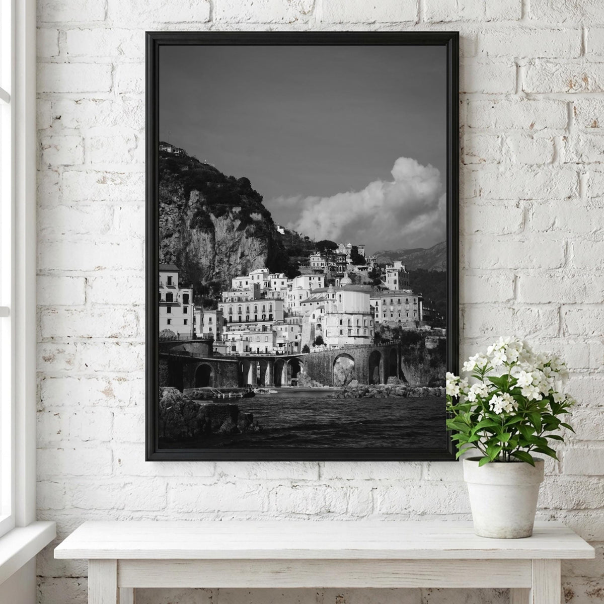 Amalfi Coast Village Poster | Black and White Photography Print | Vintage Italy Wall Art | Retro Coastal Travel Decor