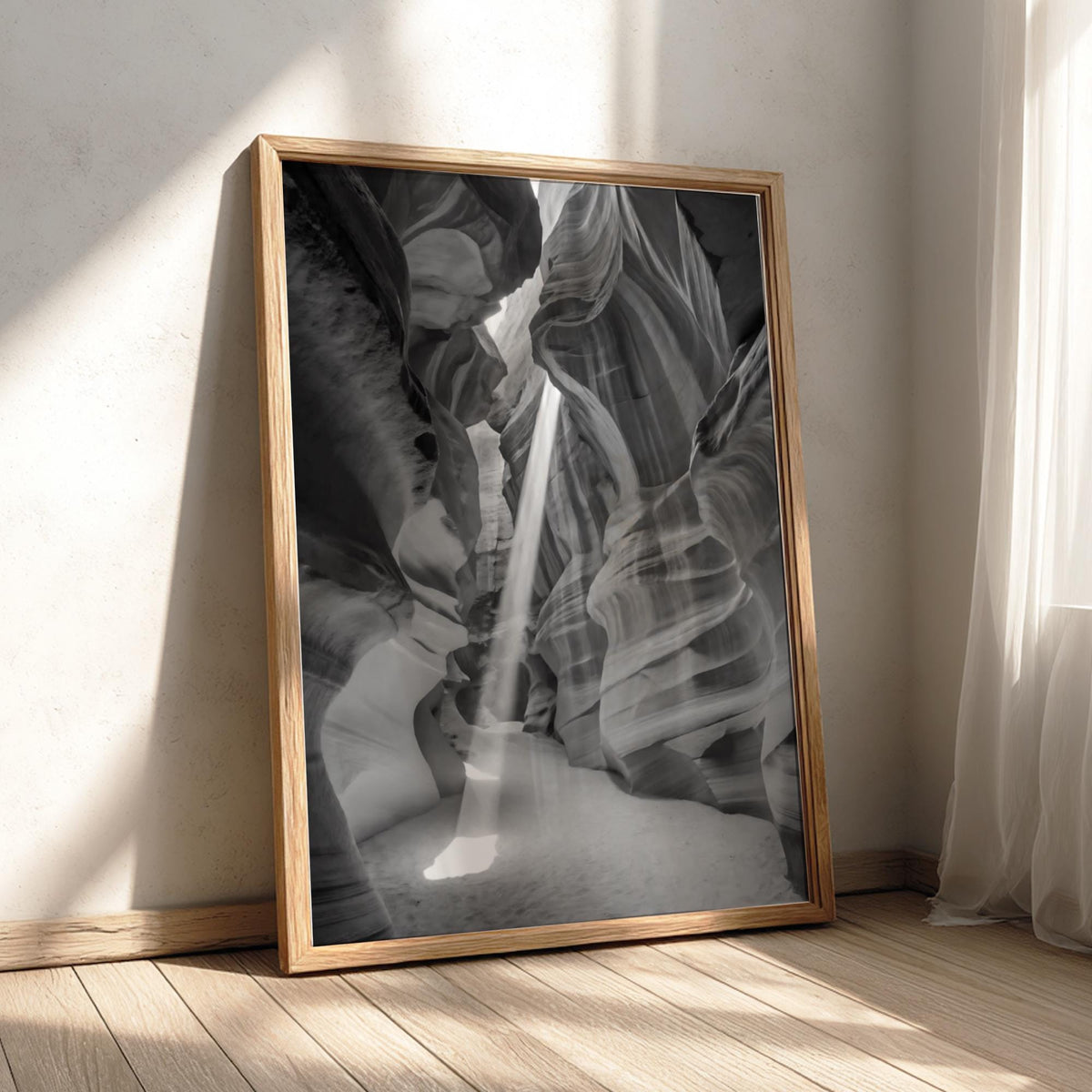 Antelope Canyon Light Beam Poster | Black and White Photography Print | Vintage Nature Wall Art | Retro Desert Landscape Decor