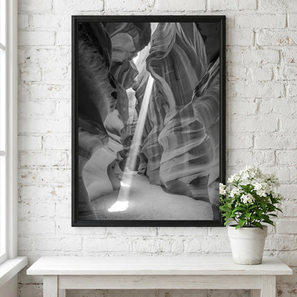 Antelope Canyon Light Beam Poster | Black and White Photography Print | Vintage Nature Wall Art | Retro Desert Landscape Decor
