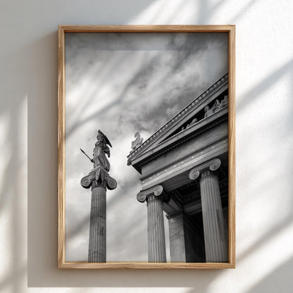 Athena Statue Ionic Columns Poster | Black and White Photography Print | Vintage Greek Art Wall Decor | Retro Classical Architecture