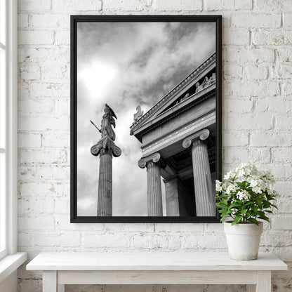 Athena Statue Ionic Columns Poster | Black and White Photography Print | Vintage Greek Art Wall Decor | Retro Classical Architecture