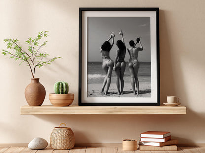 Bikini Friends Beach Toast Poster | Black and White Photography Print | Vintage Summer Wall Art | Retro Coastal Lifestyle Decor