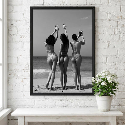 Bikini Friends Beach Toast Poster | Black and White Photography Print | Vintage Summer Wall Art | Retro Coastal Lifestyle Decor