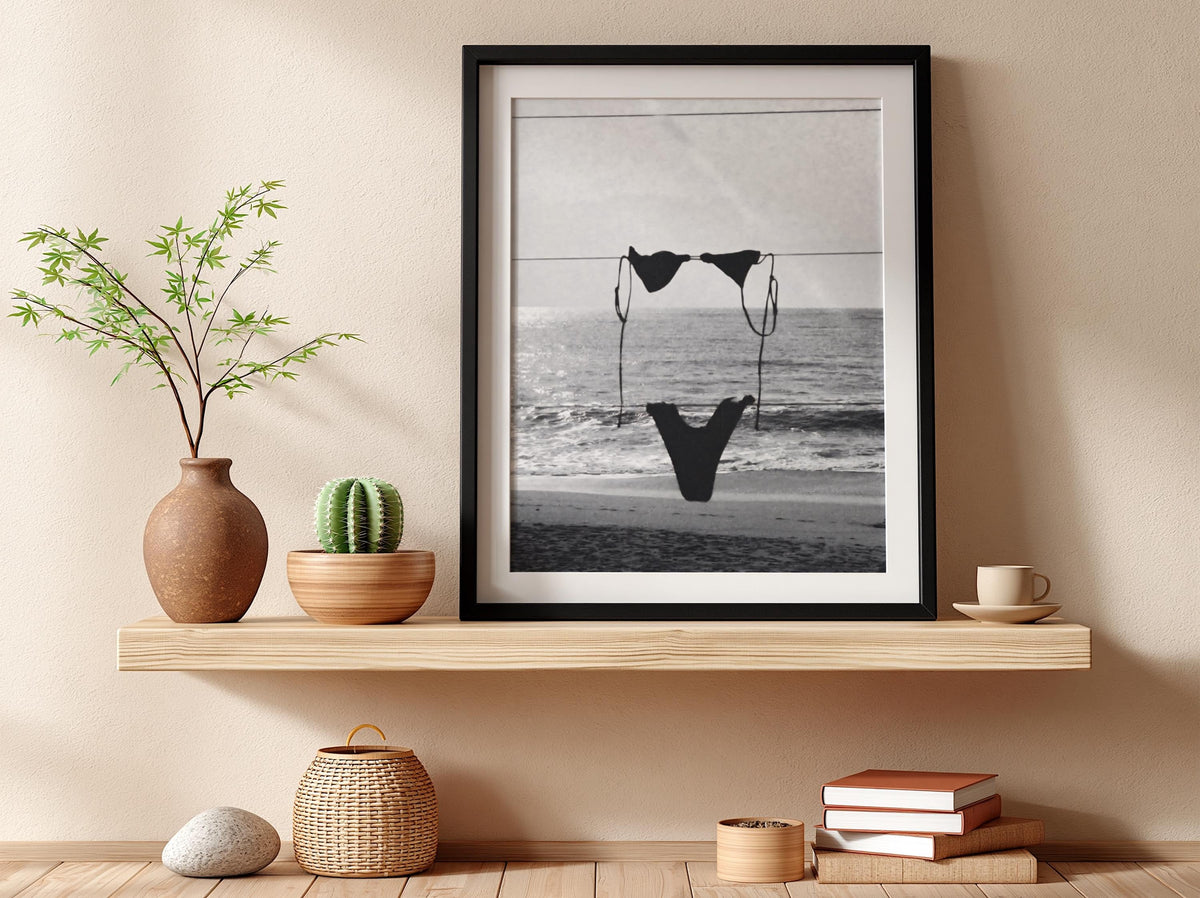 Bikini On Beach Clothesline Poster | Black and White Photography Print | Vintage Summer Wall Art | Retro Coastal Lifestyle Decor
