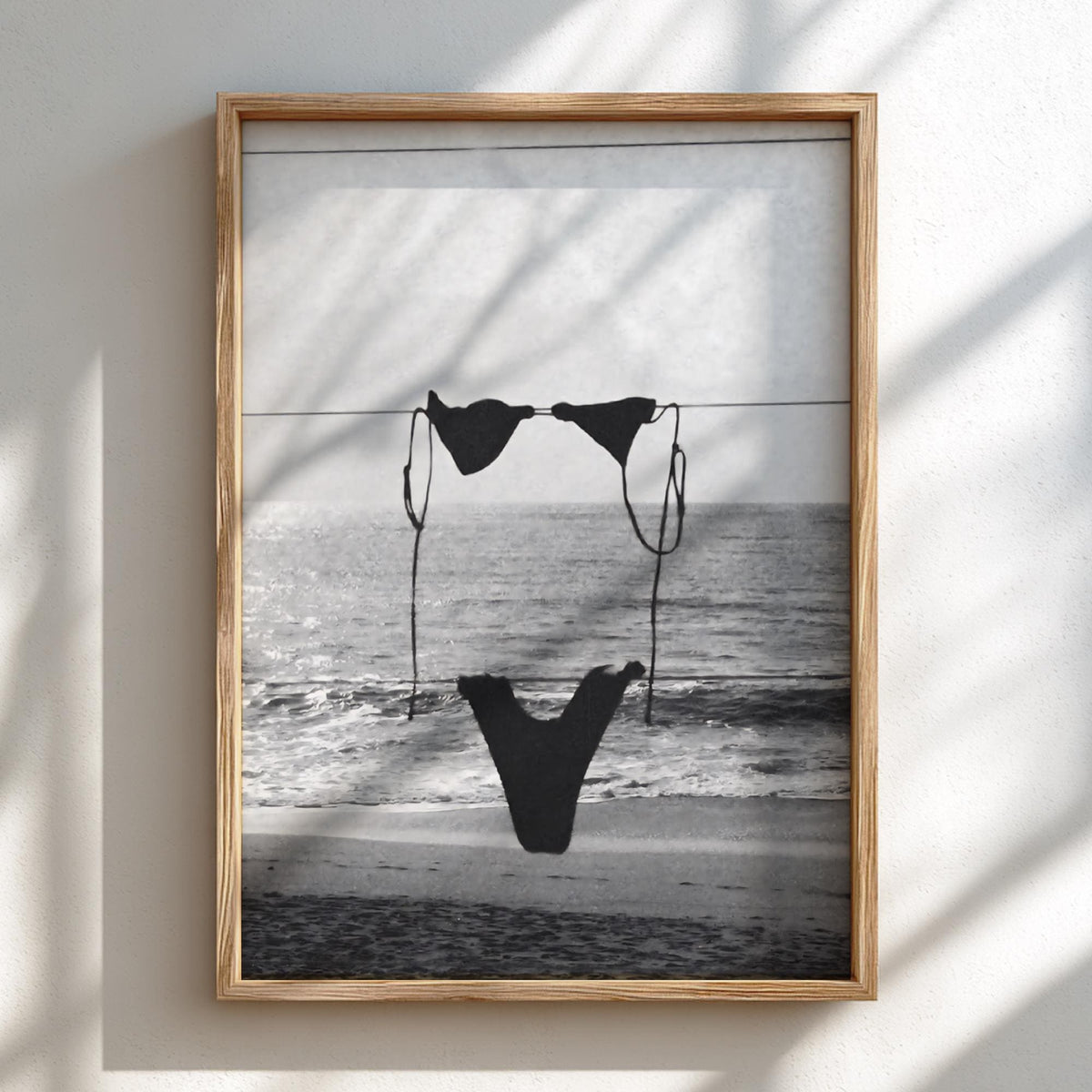 Bikini On Beach Clothesline Poster | Black and White Photography Print | Vintage Summer Wall Art | Retro Coastal Lifestyle Decor