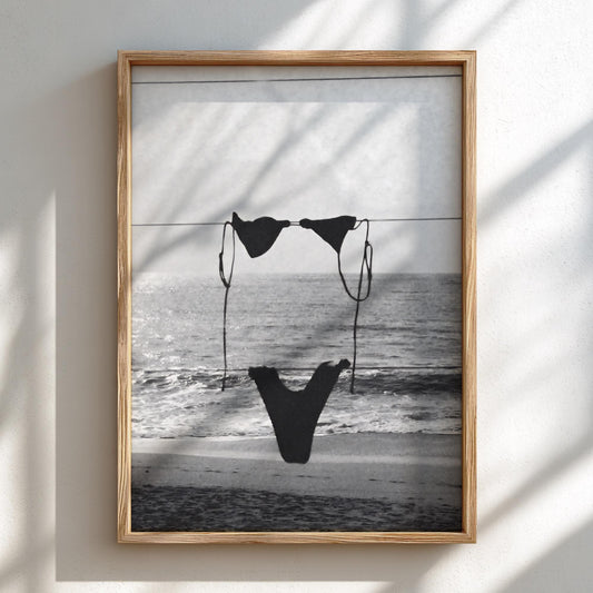 Bikini On Beach Clothesline Poster | Black and White Photography Print | Vintage Summer Wall Art | Retro Coastal Lifestyle Decor