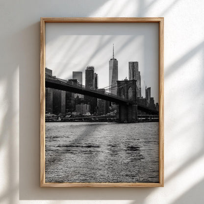 Brooklyn Bridge Skyline Dusk Poster | Black and White Photography Print | Vintage New York Wall Art | Retro City Travel Decor