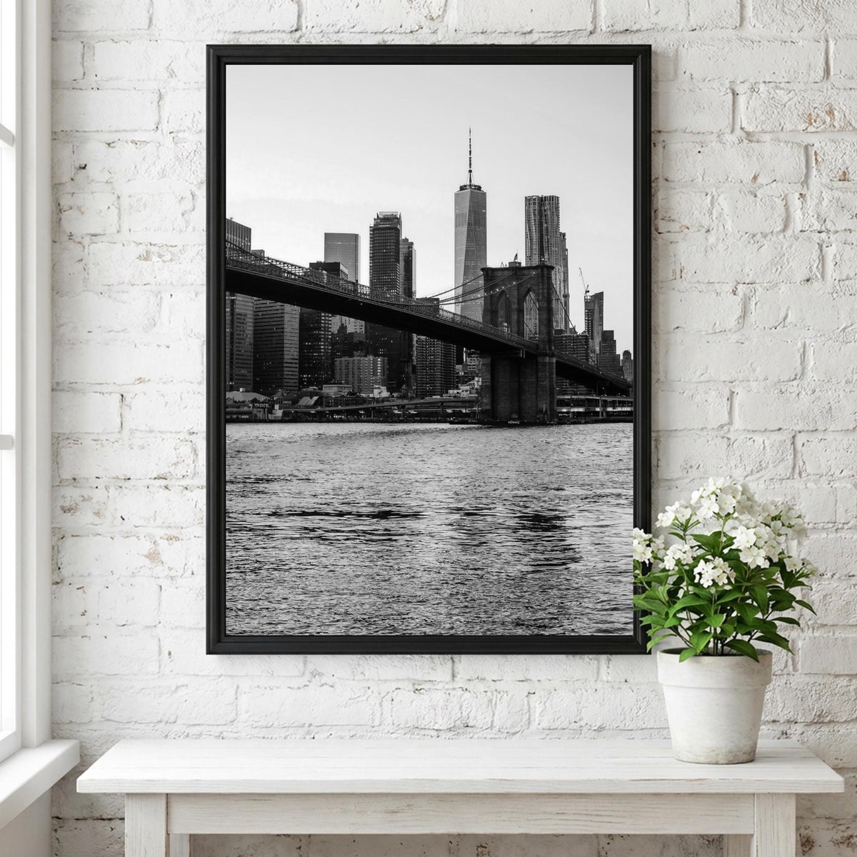 Brooklyn Bridge Skyline Dusk Poster | Black and White Photography Print | Vintage New York Wall Art | Retro City Travel Decor