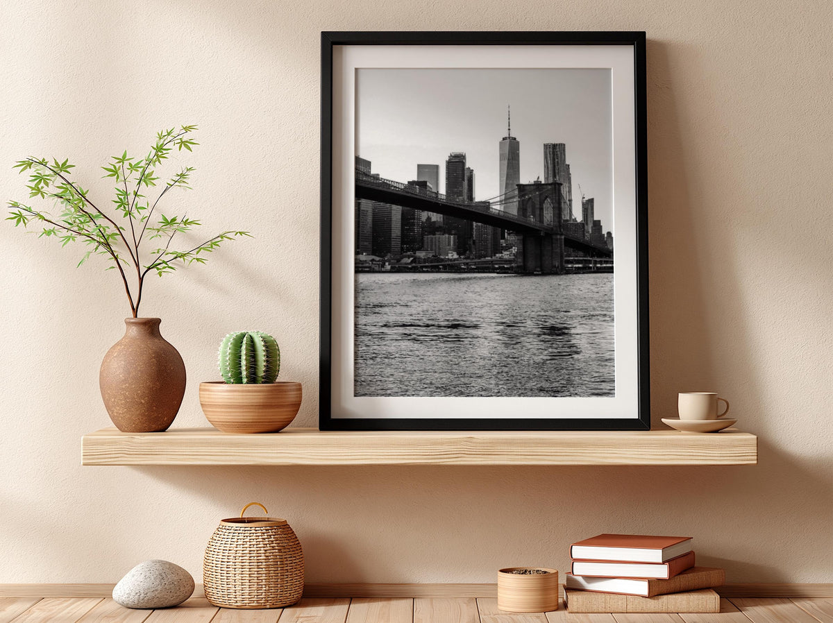 Brooklyn Bridge Skyline Dusk Poster | Black and White Photography Print | Vintage New York Wall Art | Retro City Travel Decor