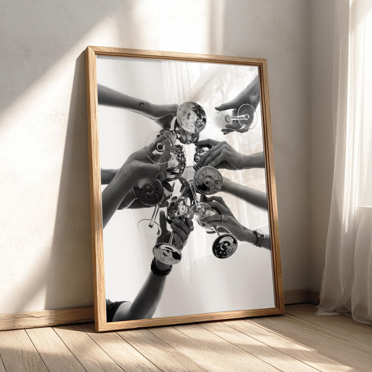 Champagne Toast Overhead Shot Poster | Black and White Photography Print | Vintage Celebration Wall Art | Retro Luxury Decor