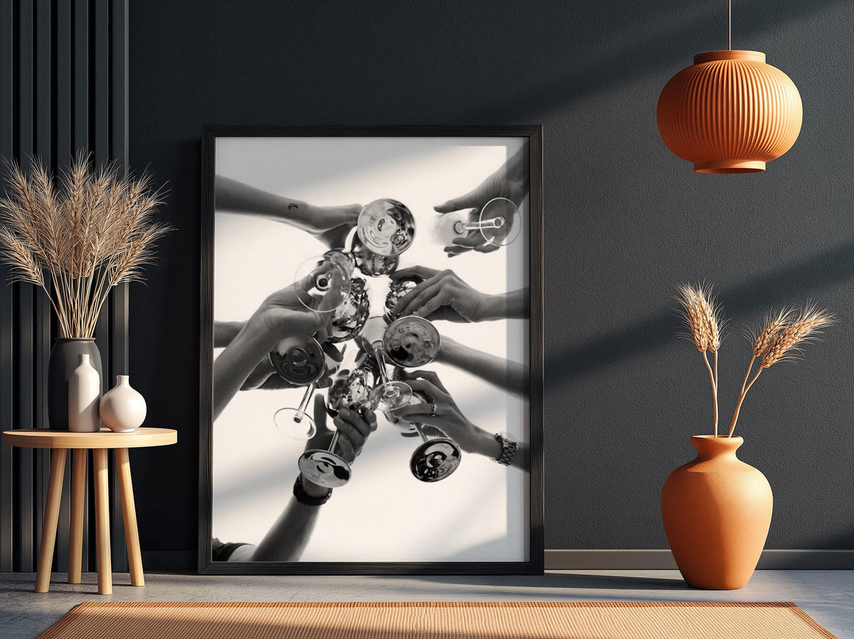 Champagne Toast Overhead Shot Poster | Black and White Photography Print | Vintage Celebration Wall Art | Retro Luxury Decor