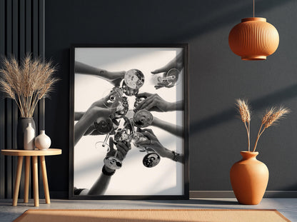 Champagne Toast Overhead Shot Poster | Black and White Photography Print | Vintage Celebration Wall Art | Retro Luxury Decor