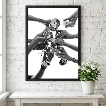 Champagne Toast Overhead Shot Poster | Black and White Photography Print | Vintage Celebration Wall Art | Retro Luxury Decor
