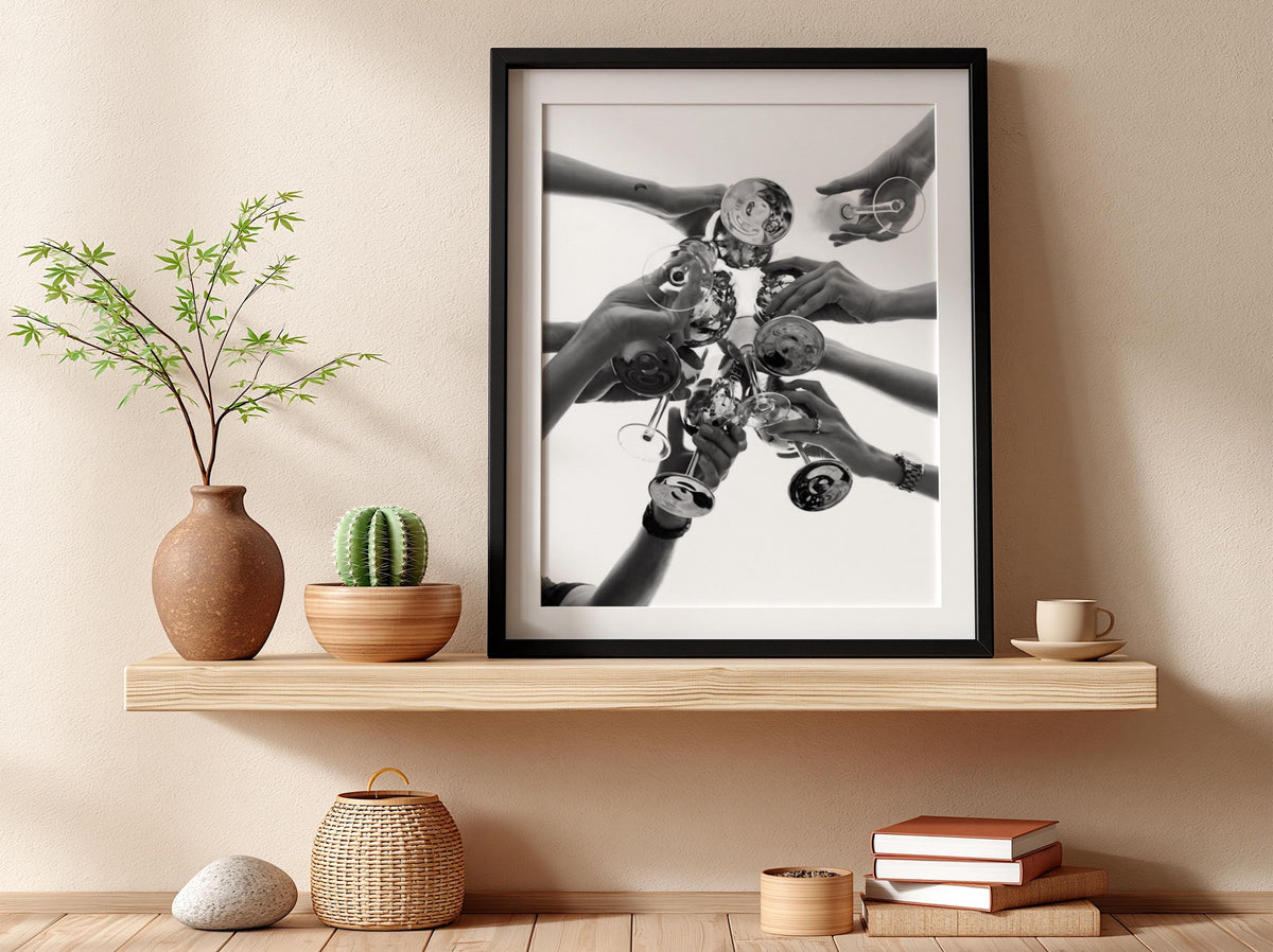 Champagne Toast Overhead Shot Poster | Black and White Photography Print | Vintage Celebration Wall Art | Retro Luxury Decor