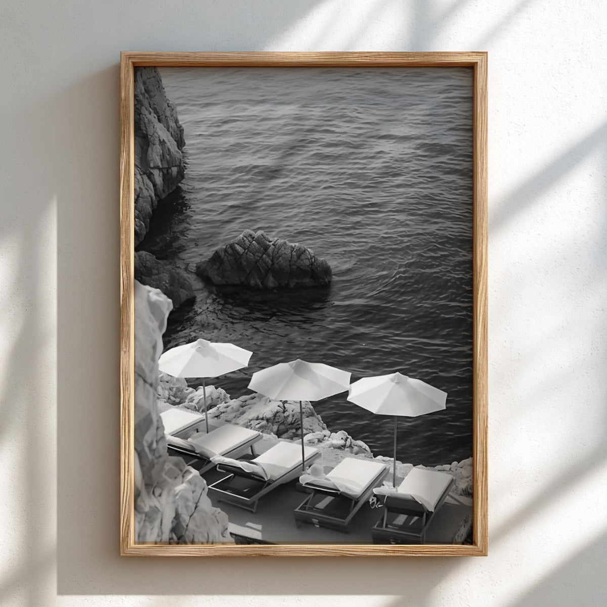 Cliffside Loungers Blue Sea Poster | Black and White Photography Print | Vintage Coastal Wall Art | Retro Summer Travel Decor