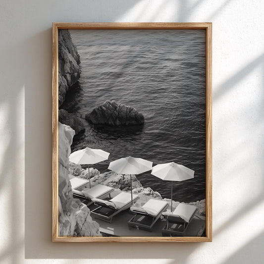 Cliffside Loungers Blue Sea Poster | Black and White Photography Print | Vintage Coastal Wall Art | Retro Summer Travel Decor